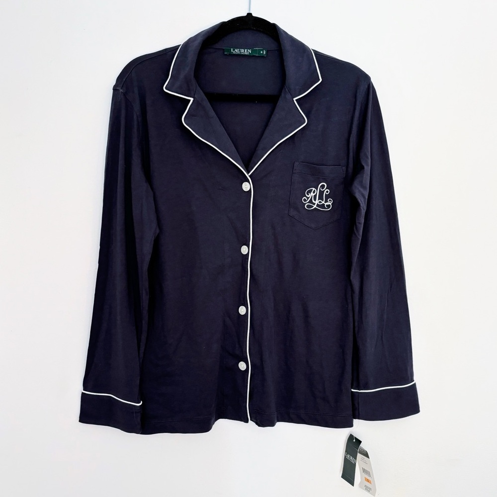NWT Lauren Ralph Lauren Pajama Top Small navy blue white piping monogram